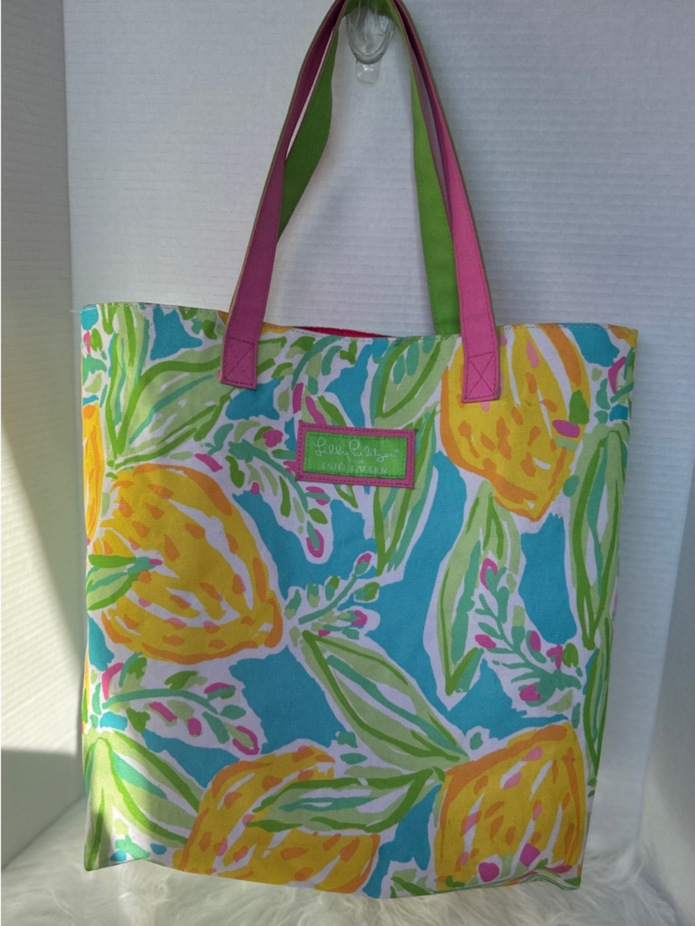 Lilly Pulitzer Turquoise Lemon Print Tote with Pink Straps